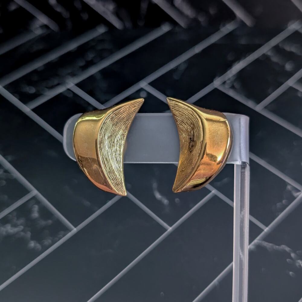 Vintage Clip On Earrings Large Gold Tone Statement Stylish Curved Design